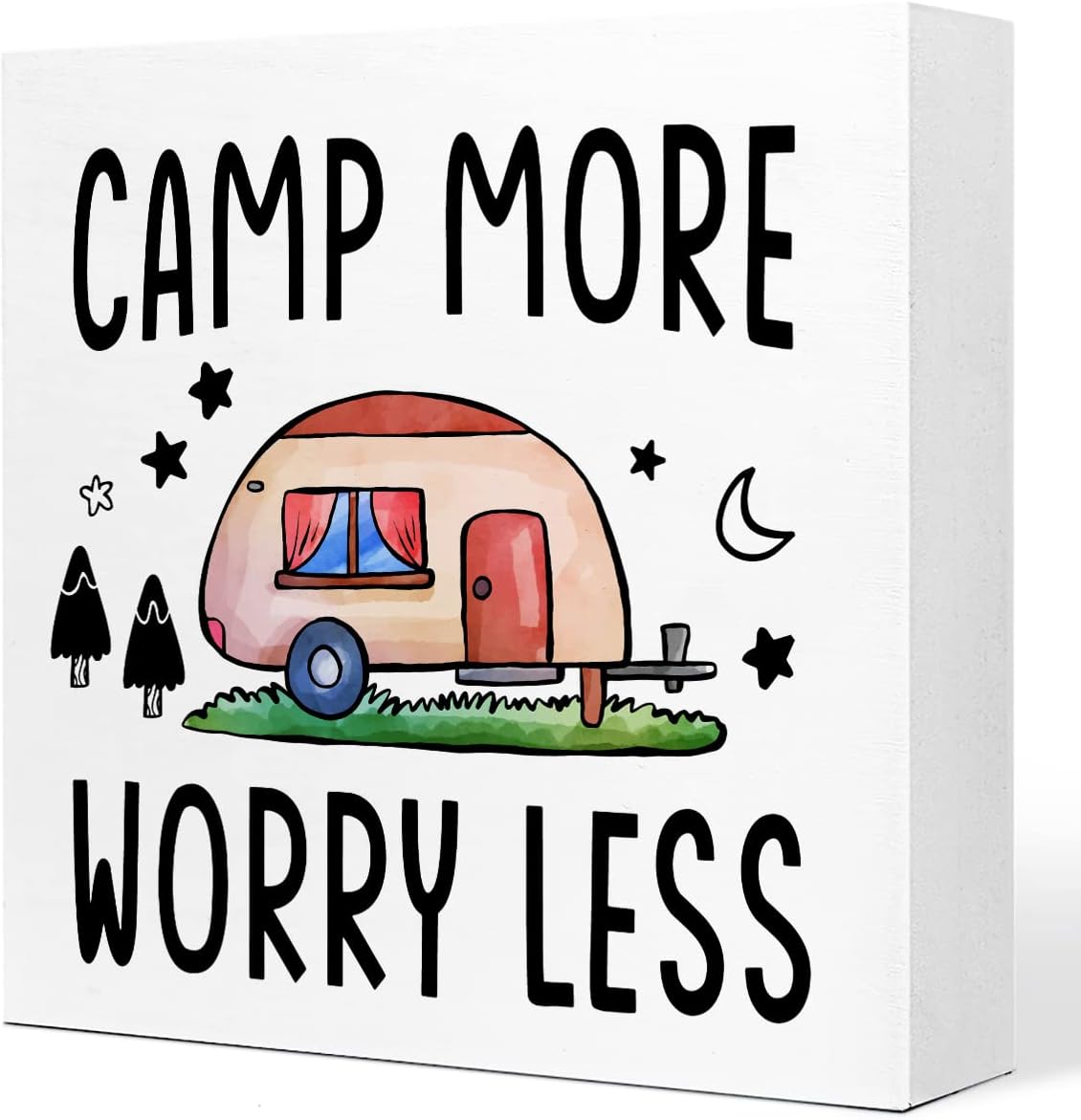 Camp More Worry Less Rustic Camping Quote Wood Block Sign, Home Camper RV Desk Shelf Table Decor
