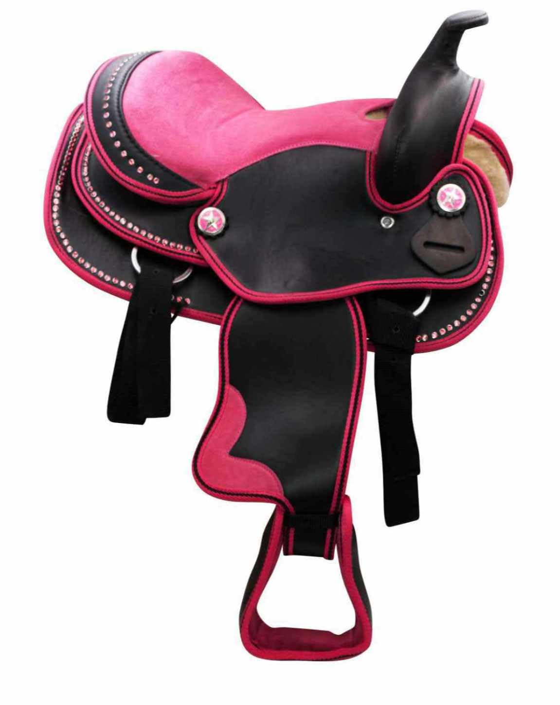 AMKA Pony/Shetty Westernsattel Pedro in pink mit Strasssteinen Steigbügel und Riemen 12"