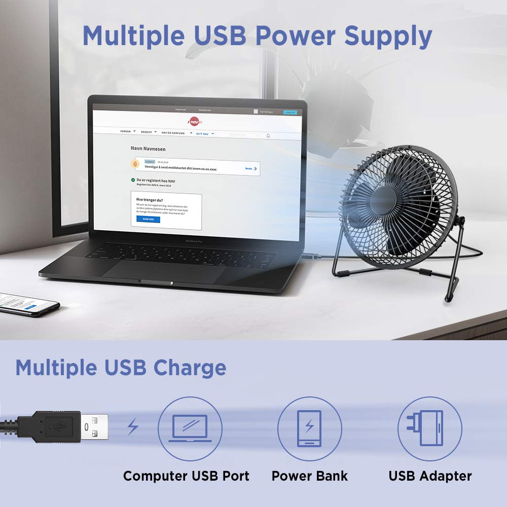 QHQQXN Ventilatore da scrivania USB da 9 Pollici Silenzioso con [Solo 25 Db] Flusso d'Aria Potente e Funzionamento Silenzioso, Ventola di Raffreddamento Portatile 2 velocità Potente Testa Girevole