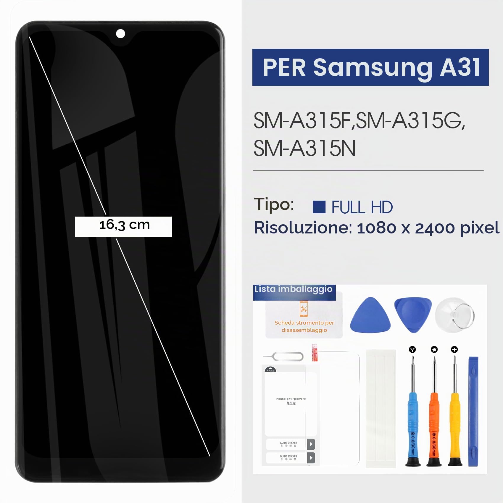 Schermo per Samsung Galaxy A31 LCD Display - per Galaxy A31 LCD Touch Screen Digitalizzatore SM-A315F A315F/DS A315G Vetro Pannello Full Assemblaggio Kits (Nero Con Cornice)