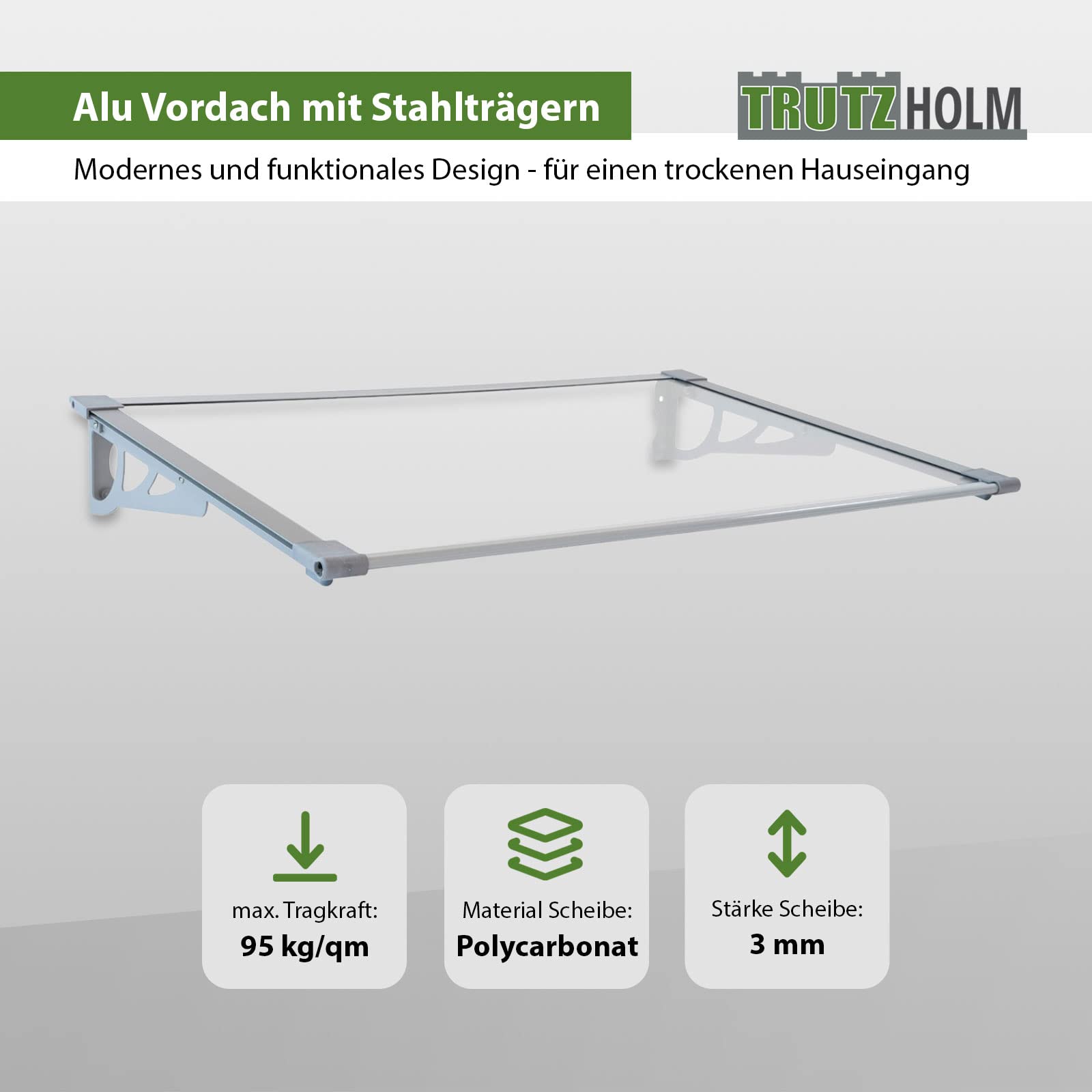 TRUTZHOLM Aluminium Vordach Haustürvordach Pultvordach 150 x 90 cm Schneelast 95kg | Polycarbonatplatte | nach Auswahl (150x90 cm, grau)