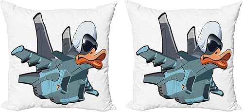 Lunarable Airplane Throw Pillow Cushion Cover Pack of 2, Jet Bird Angry Comic Aircraft German Pilot Duckling Funny Character, Zippered Double-Side Lunarable Airplane Throw Pillow Cushion Cover Pack of 2, Jet Bird Angry Comic Aircraft German Pilot Duckling Funny Character, Zippered Double-Side