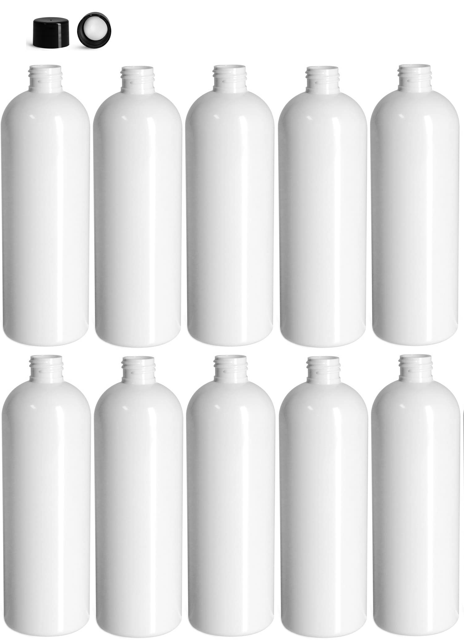 16 Ounce Cosmo Round Bottles, PET Plastic Empty Refillable BPA-Free, with Black Smooth Lined Non-Dispensing Caps (Pack of 10) (White)