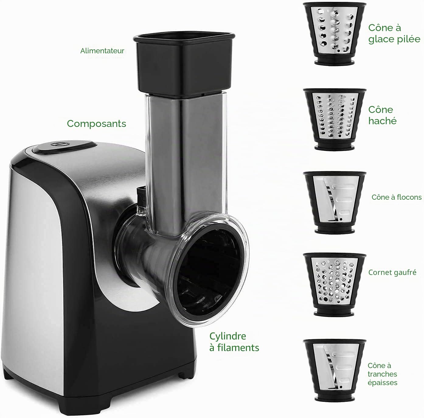 Fresh Express avec 5 cônes, Coupe-légumes électrique 150W, Râpe pour carottes, pommes de terre, concombres, argent noir