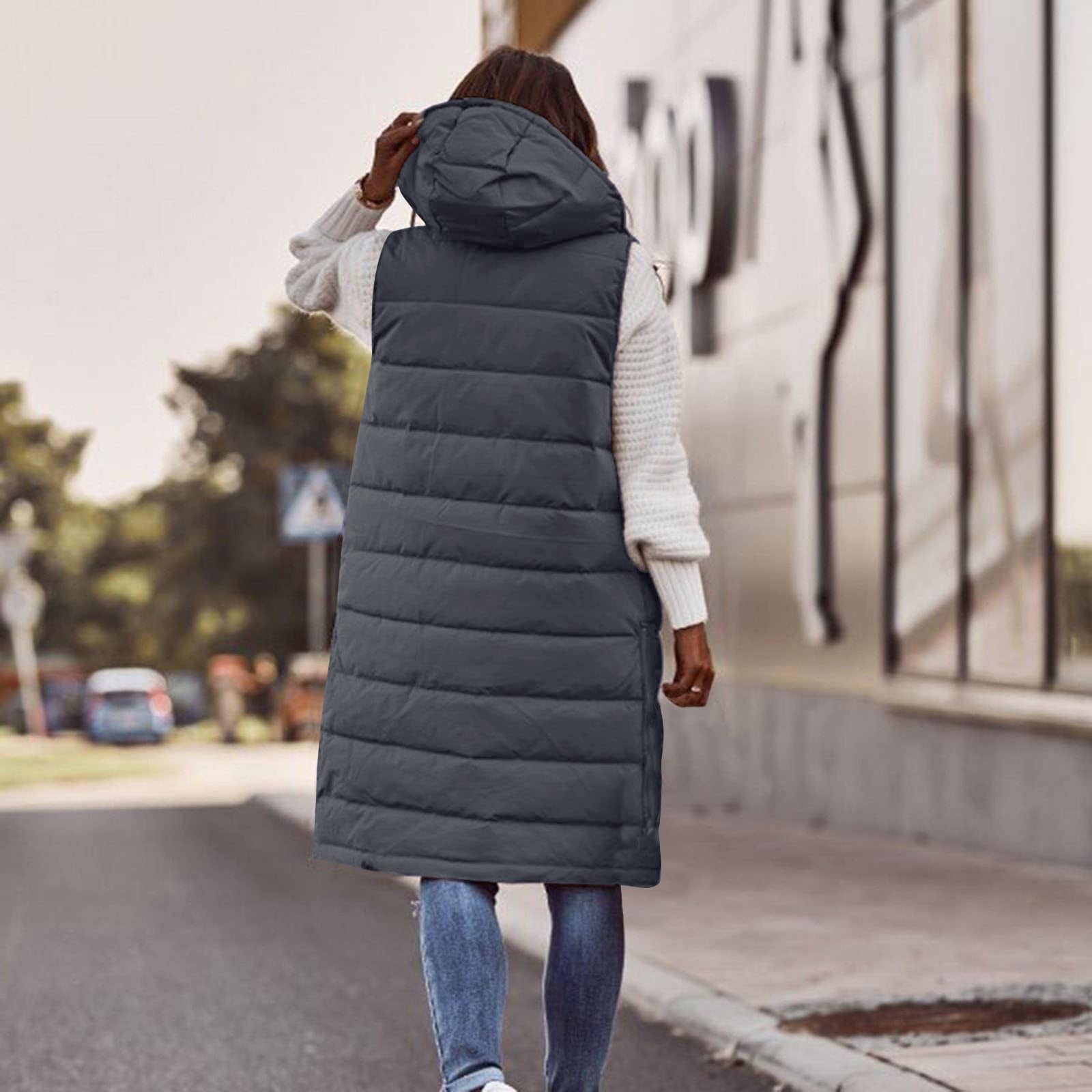 Damen Weste Lang mit Kapuze, Steppweste Winter Herbst Warme Steppmantel Daunenweste Langer Winterjacke Freizeit Ärmellos Weste Outdoor Longweste Winterweste Reißverschlüsse Longweste mit Taschen