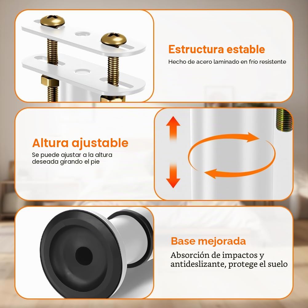Patas de Cama Ajustables, Juego de 4 - Altura Regulable (25-42 cm) para Base, Somier o Canapé - Soportes Metálicos Robustos para Sofá, Armario o Mueble - Incluye Herramientas - Color Blanco