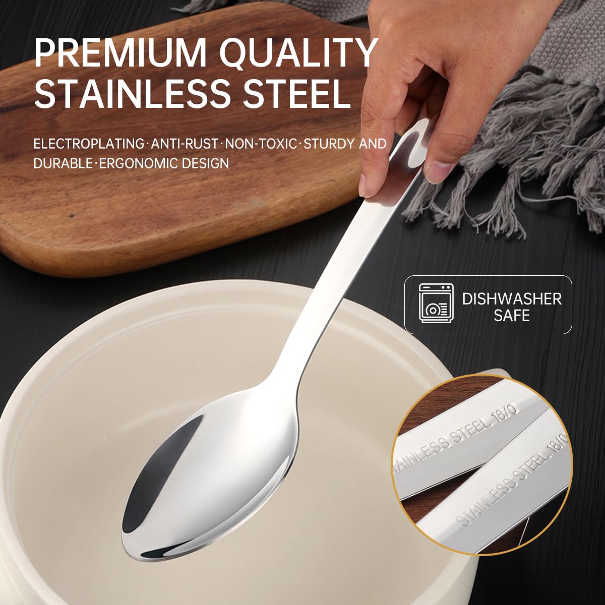 33 cm großes Edelstahl-Servierlöffel-Set, langer Griff, Buffet-Utensilien, spülmaschinenfest (Silber, 6-teilig)