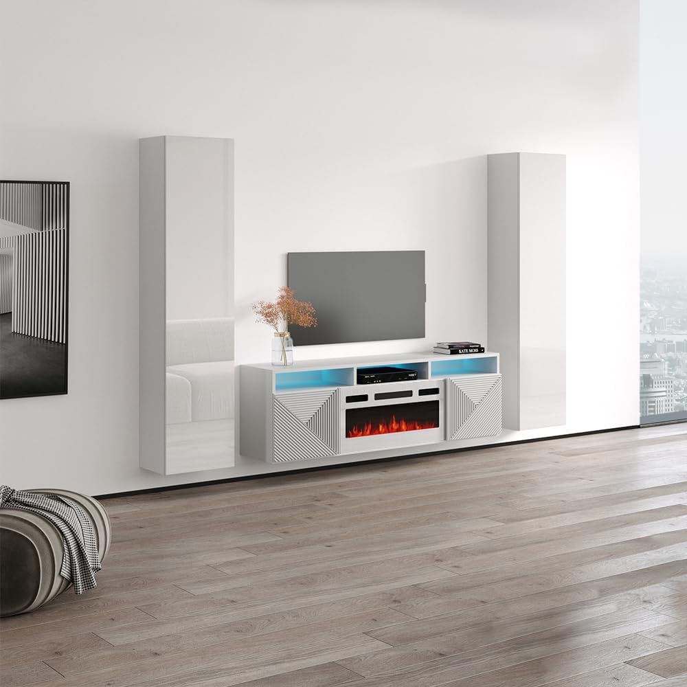 Meble Furniture Giza WH-EF 40 Electric Fireplace TV Stand — Floating Entertainment Center with Multicolor LED Flames — Modern High Gloss Storage, 59.1" W x 15.7" D x 21.7" H — White