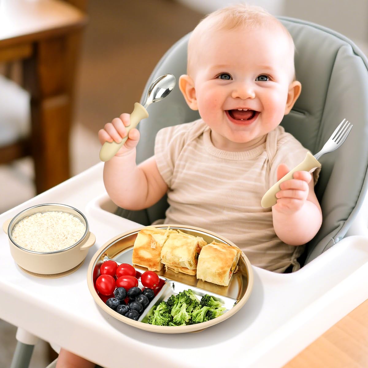Platos y cuencos de acero inoxidable para niños con succión, juego de vajilla de 4 piezas para niños que incluye cuchara, tenedor, placas de succión divididas para niños pequeños y ventosas 7
