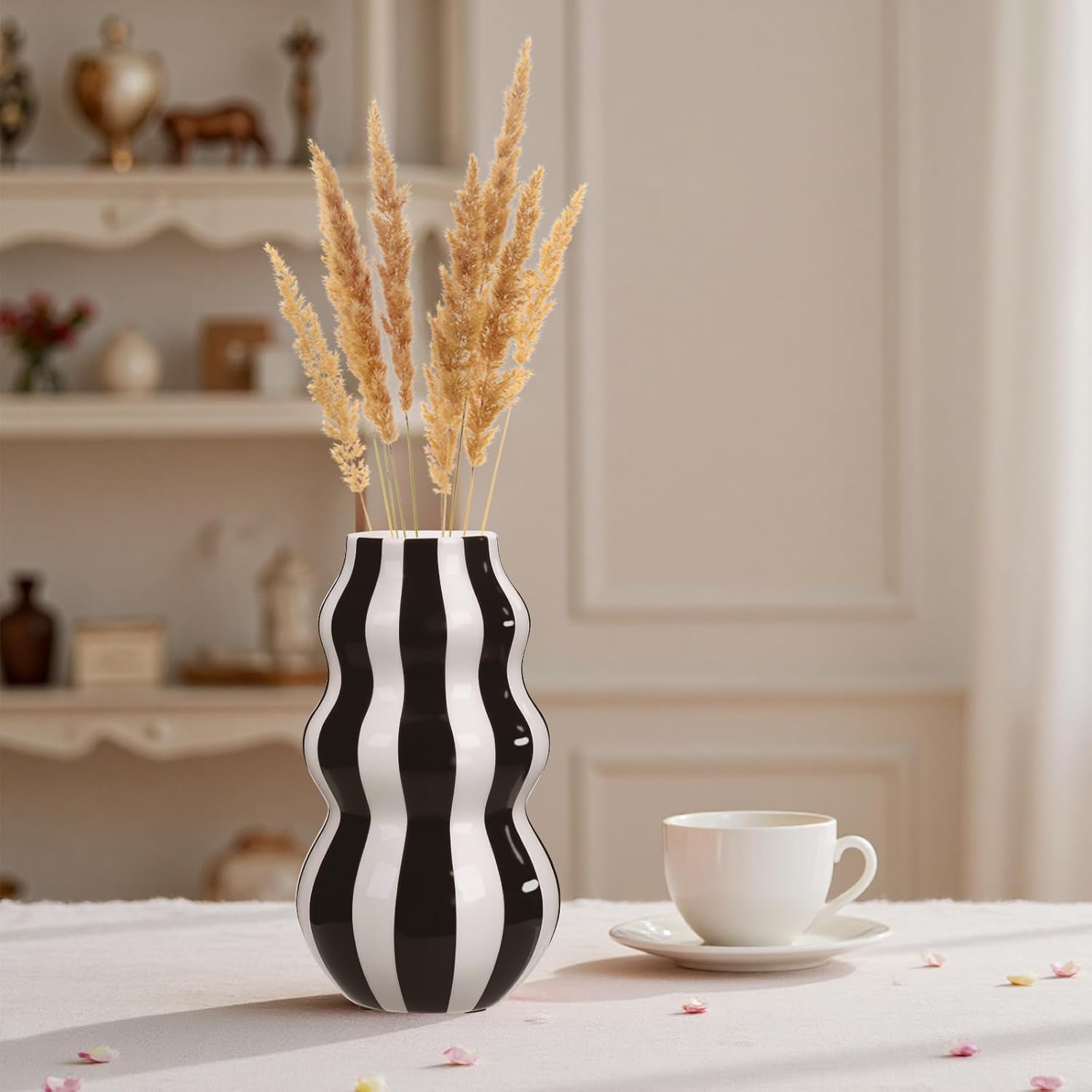 Black and White Ceramic Vase, 8.66 in Tall Modern Striped Table Centerpiece, Minimalist Decorative for Flowers, Pampas Grass, Dried Arrangements, Home Decor for Living Room, Bedroom, Office, Shelf - Image 5