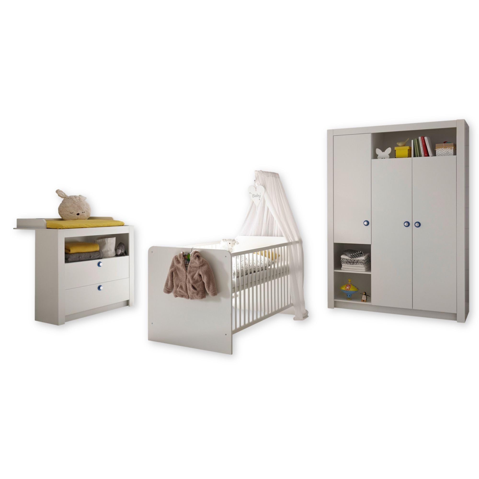 Stella Trading Paula Babyzimmer Komplett-Set in Weiß - Babyzimmer Möbel-Set 3-teilig bestehend aus Kleiderschrank, Babybett & Wickelkommode