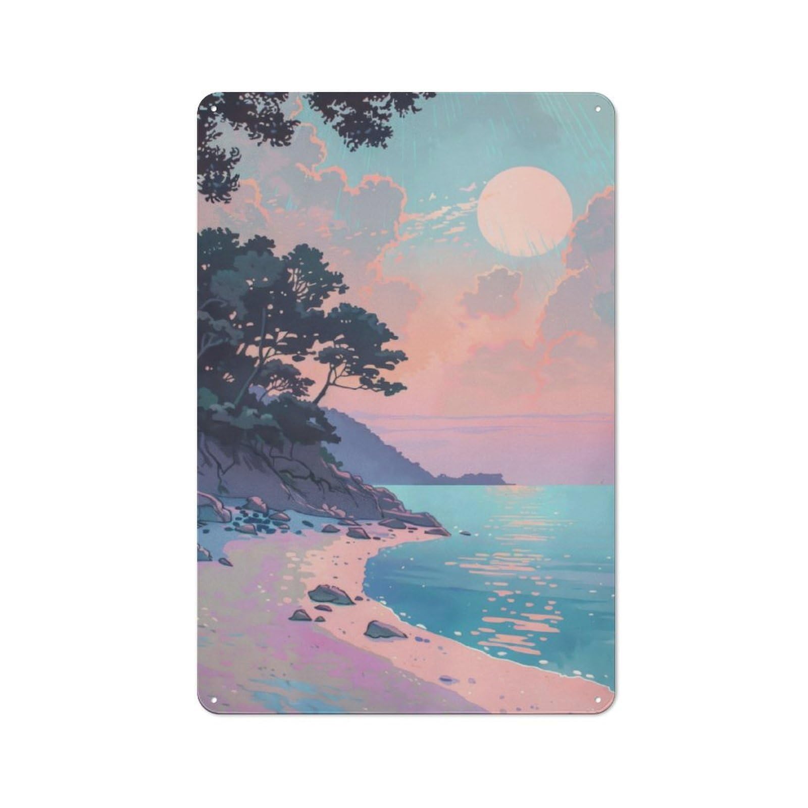 Junmoney Beach Japan Painting Metal Plaque 30X20cm With For Hallway Wall, Rustic Decor, For Garage, Workshop And Man Cave Decoration
