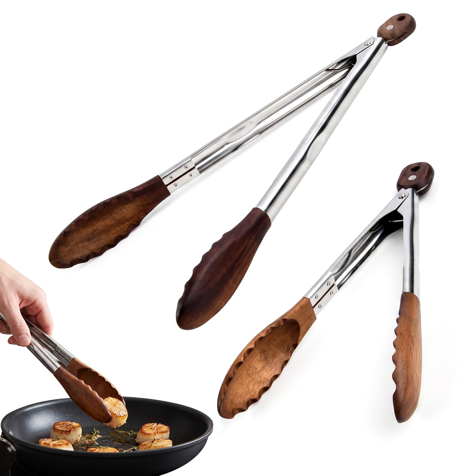 2Pcs Wooden Tongs for Cooking, Walnut Wood Kitchen Tongs