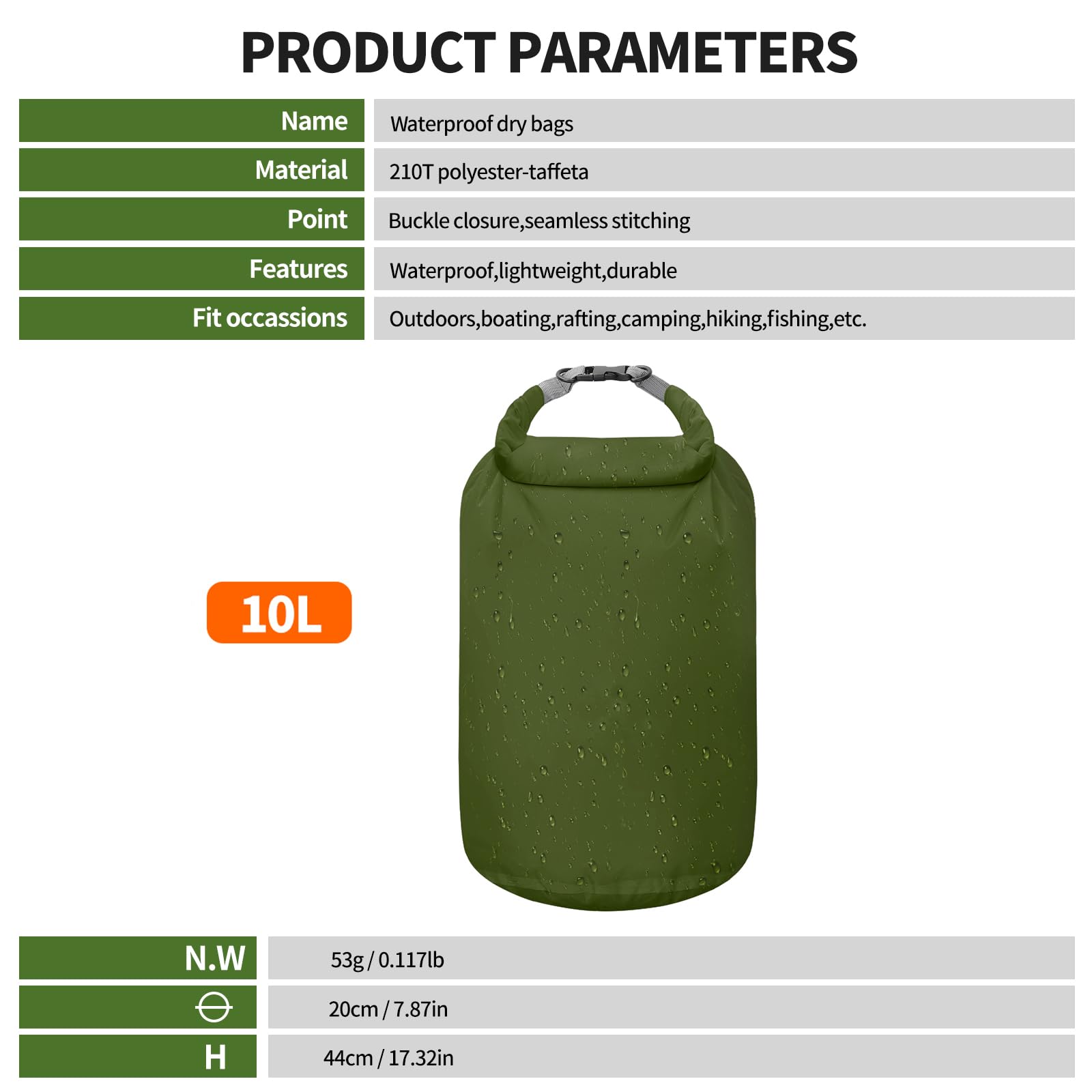 Desoto Waterproof Dry Bag Rucksack Beach Bag Superb Waterproof Bags for Water Sports Boating Canoeing Rafting Camping,Compression Bags for Daily Storage(Army Green 10L) - Image 2