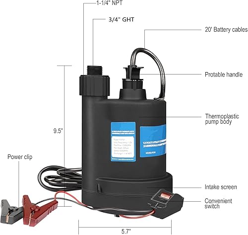 Miniatura 3 de Bomba de agua Bomba sumergible DC 12V Bomba de sumidero 1500 GPH Bomba de utilidad con interruptor-Negro