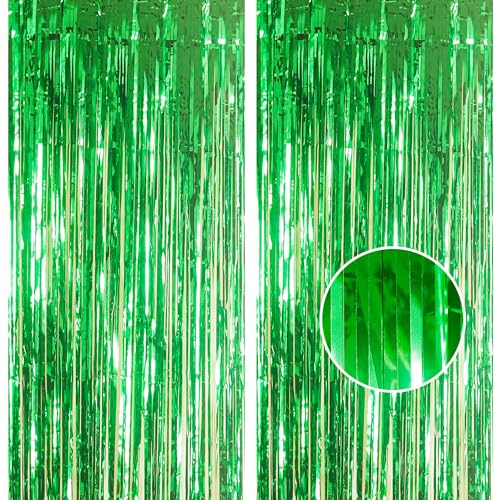2pcs 3.2 x 8.3ft Glitter Green Tinsel Curtain Foil Curtain Decorations Metallic Tinsel Door Hanging Foil Flow Silk Streamers Photo Backdrop Decoration for Birthday Christmas Jungle Party Decor