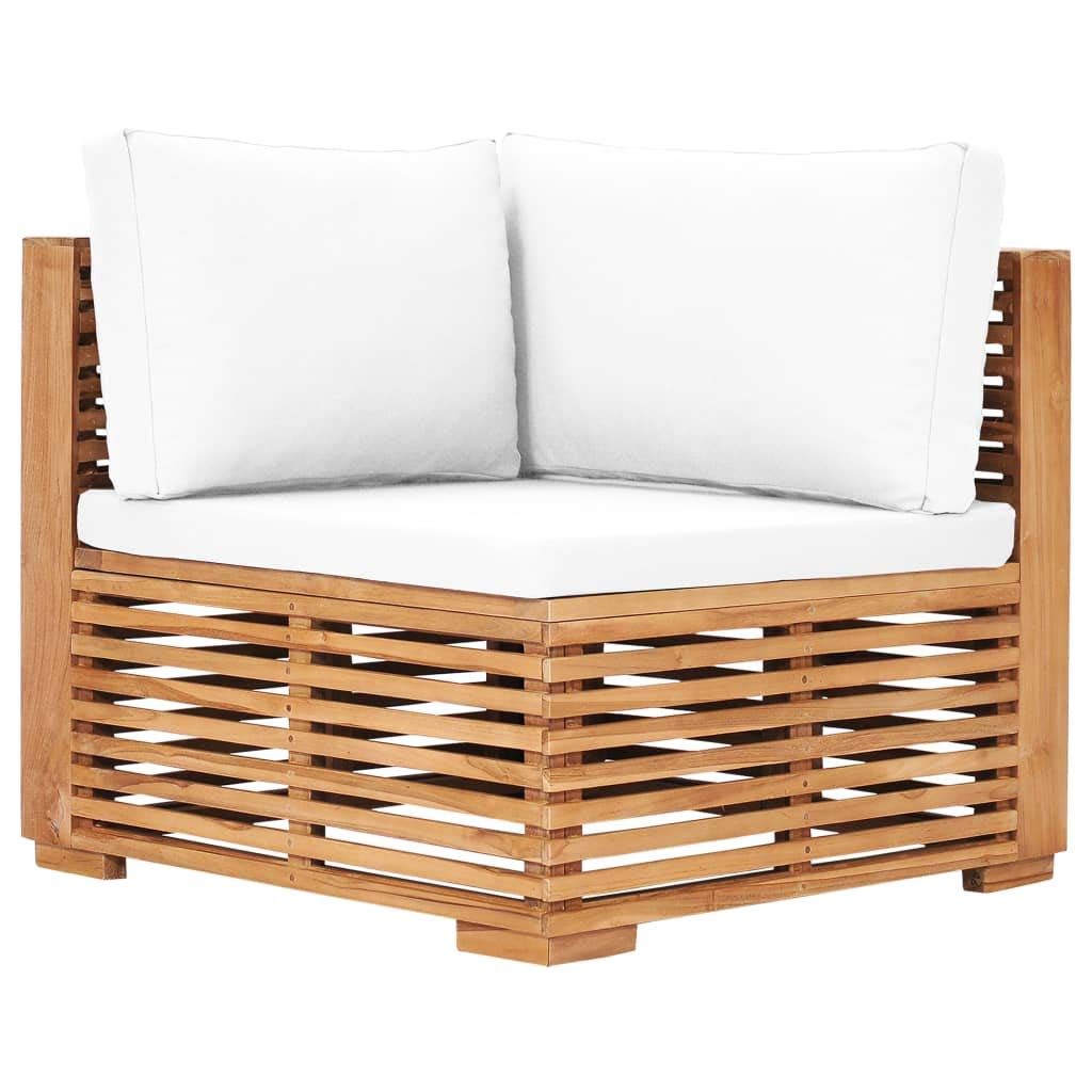 Divano da giardino angolare con cuscino bianco crema in legno massello teak per giardino, terrazza, balcone, mobili da esterno durevole con cuscino imbottito, set di divano in legno resistente