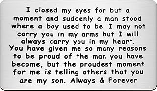 FRIUSATE Son Gift from Mum Dad Engraved Wallet Card with Love Note Stainless Steel Card Metal Lettering Card, Boy Birthday Gifts Graduation Gifts for Son Proud of Son Gifts