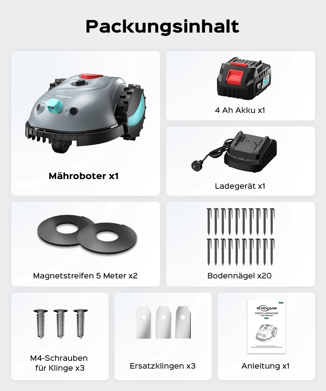 (2026 Upgrade) YARDCARE V100 Mähroboter ohne Begrenzungskabel, mit Vision Navigation, 150 Hinderniserkennung, Rasenroboter bis zu 150 m², Rasenmäher Roboter mit 4Ah Akku, Ersatzklingen, Magnetband