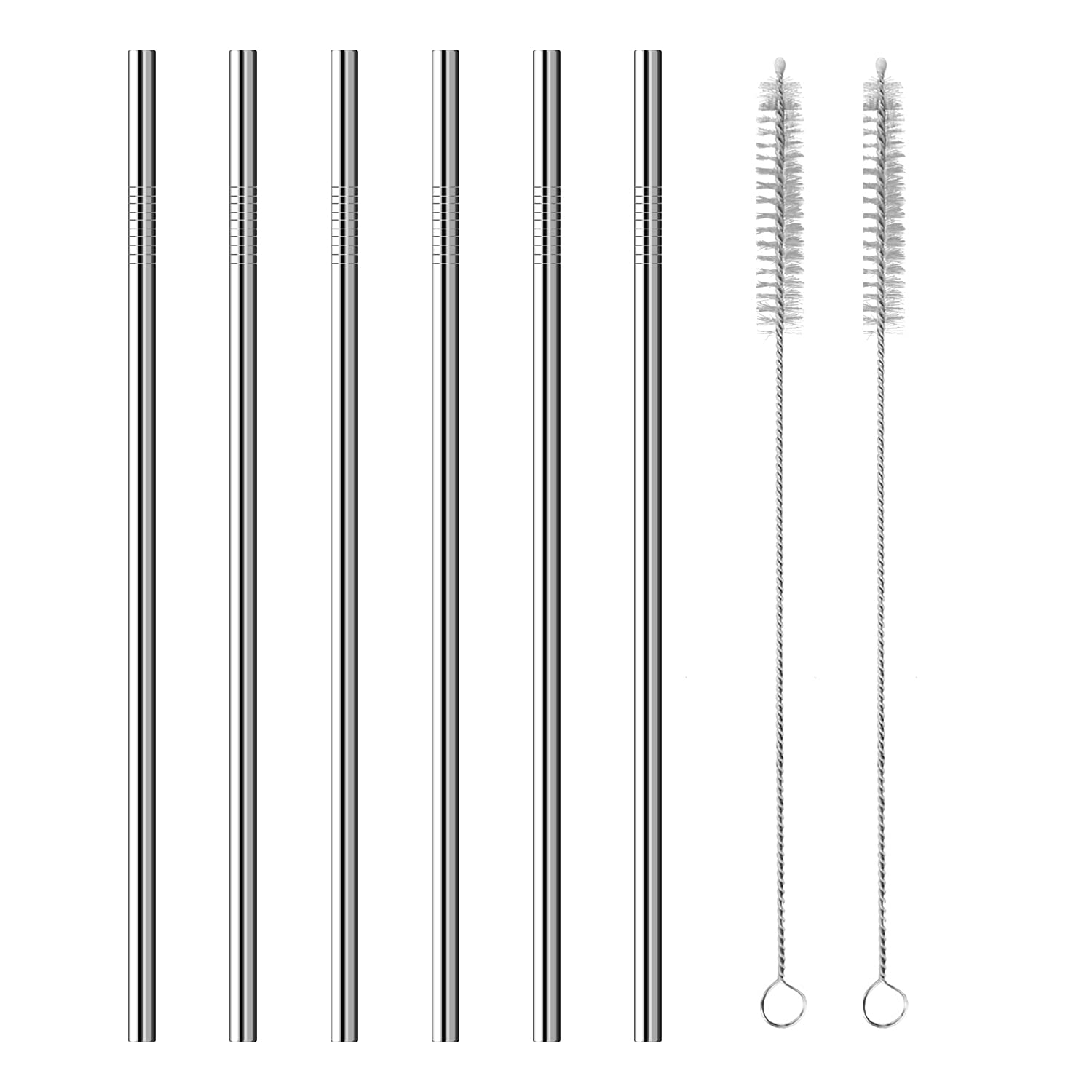 TORMEN Metal Straws Reusable Stainless Steel Drinking Straws Fit All Size Tumblers With 2 Cleaning Brushes (Stainless Steel Straw Straight*6+White Brush*2)