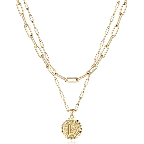 Yoosteel Christmas Gifts for Women, Gold Initial Necklaces for Women 14K Gold Plated Dainty Layering Paperclip Link Chain Necklace Coin Initial Layered Necklace Birthday Gifts Stocking Stuffers
