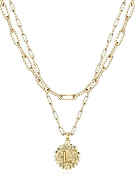 Yoosteel Gold Initial Necklaces for Women, 14K Gold Plated Dainty Layering Paperclip Link Chain Necklace Coin Initial Layered Necklaces for Women Personalized Birthday Gifts