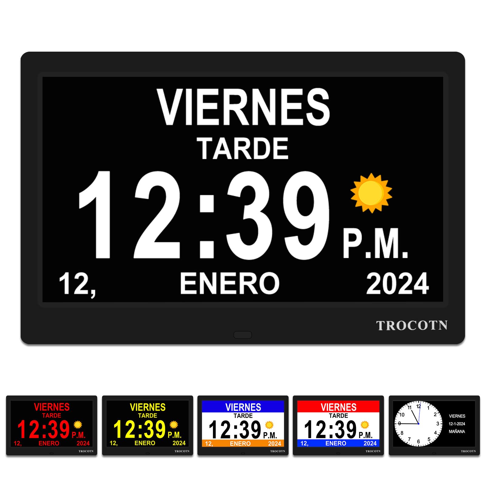 TROCOTN Reloj digital grande para personas mayores, calendario de pantalla grande con alarmas personalizadas, reloj de pared con día y fecha, despertador, reloj de escritorio (10 pulgadas, negro)