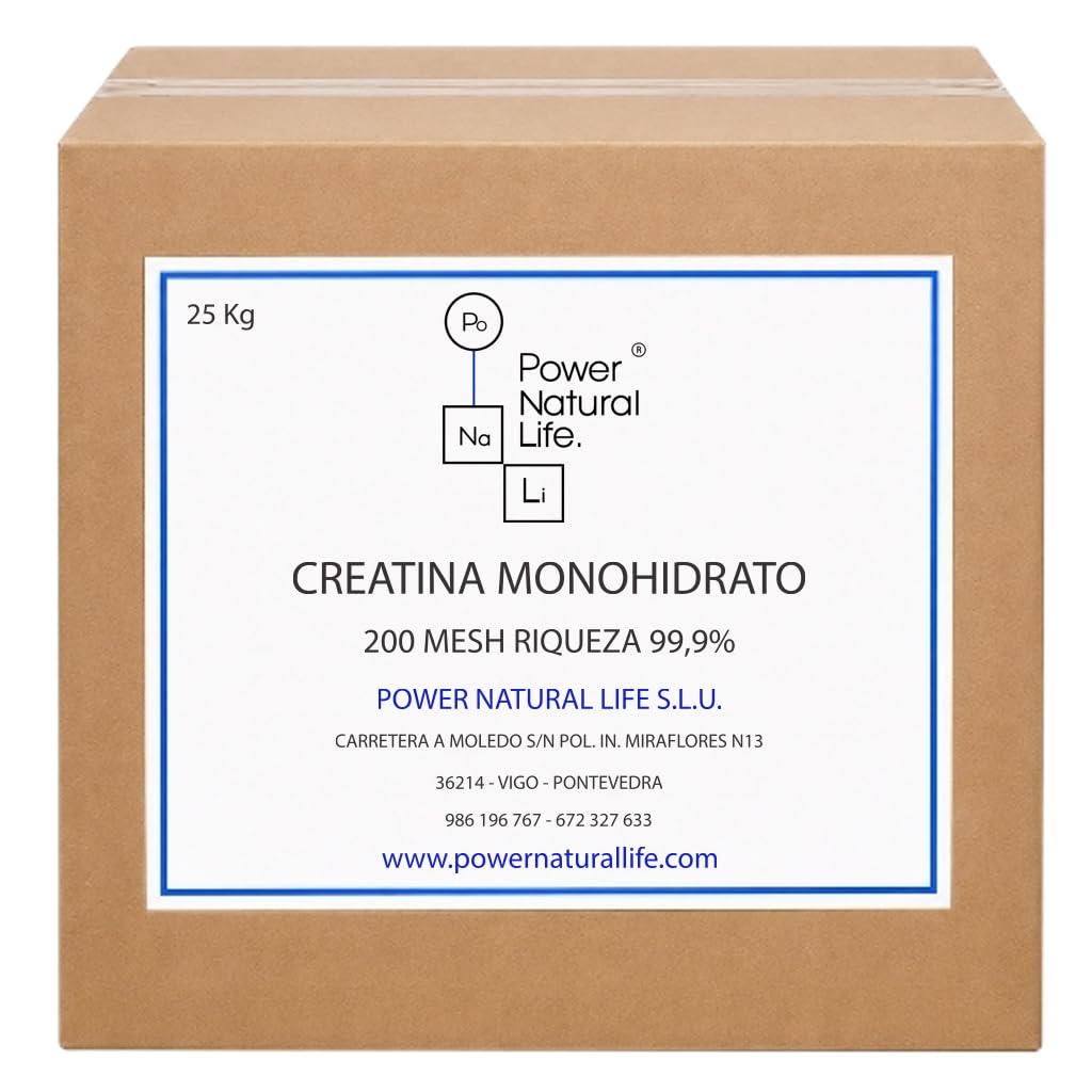 Creatina Monohidrato 200 Mesh Riqueza 99,9% en Polvo | Power Natural Life | Caja 25 kg | Uso Alimentario, Técnico e Industrial | Compuesto para Formulación | Materia Prima