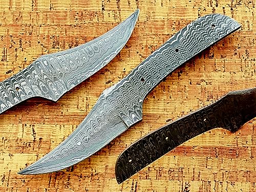 Laddert pattern Damascus steel Trailing point blank blade, knife making supplies, 4.5 inches long straight back scale with 3 pin holes, 3.75 inches cutting edge