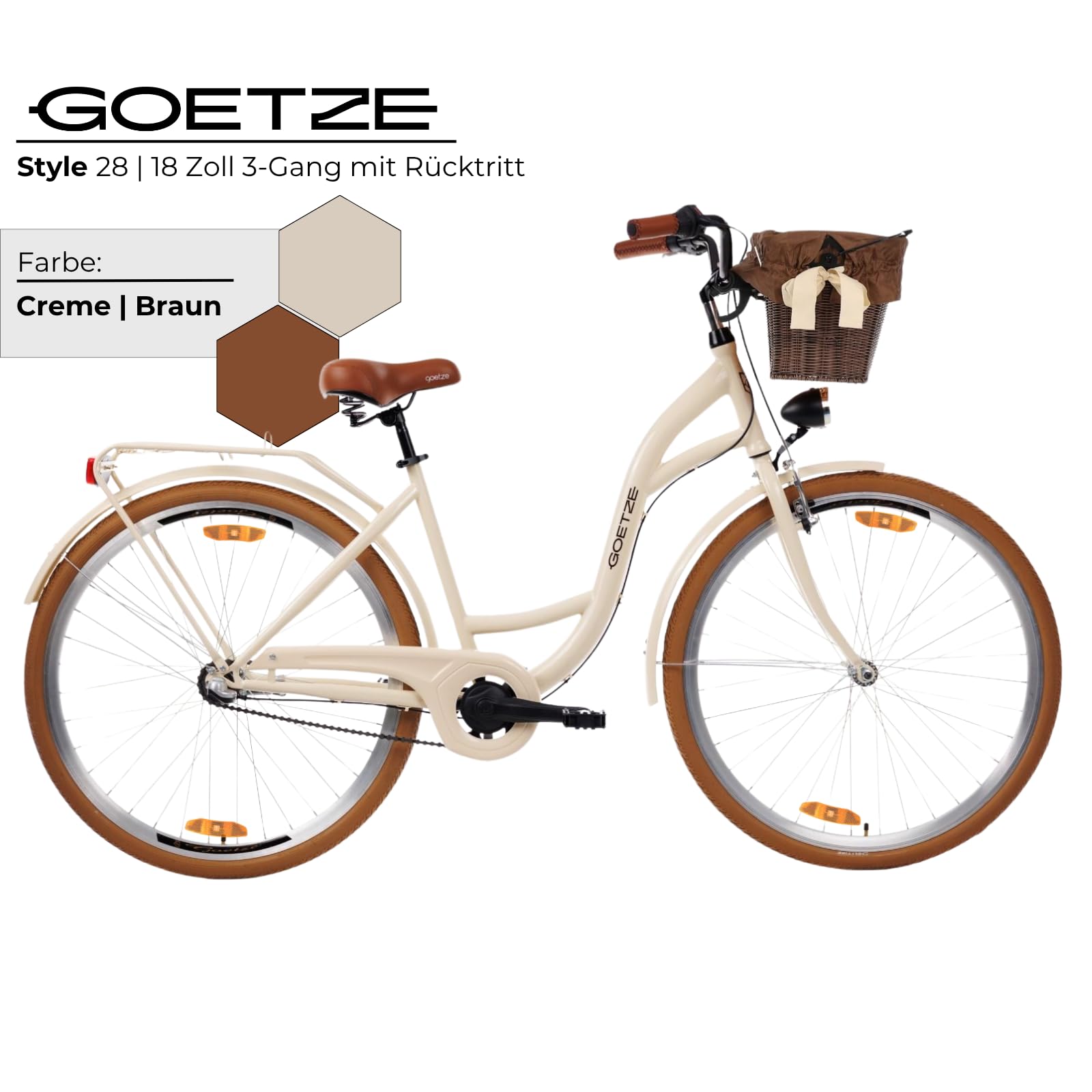 Goetze Style 28 Zoll Damen Citybike, 18 Zoll Tiefeinsteiger, 3-Gang Nabenschaltung, Rücktrittbremse und V-Bremse, LED-Beleuchtung, Rattankorb, Komfortsattel, mit Seitenständer & Klingel