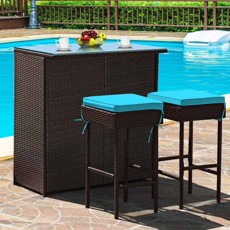 Image of OUTLIVING Patio Rattan Wicker Bar Table with Glass Top and 2 Cushion Stools | Multipurpose 2 Seater Outdoor Bar Set Furniture for Garden, Backyard, Poolside, Home and Lawn (Brown-Turquoise)