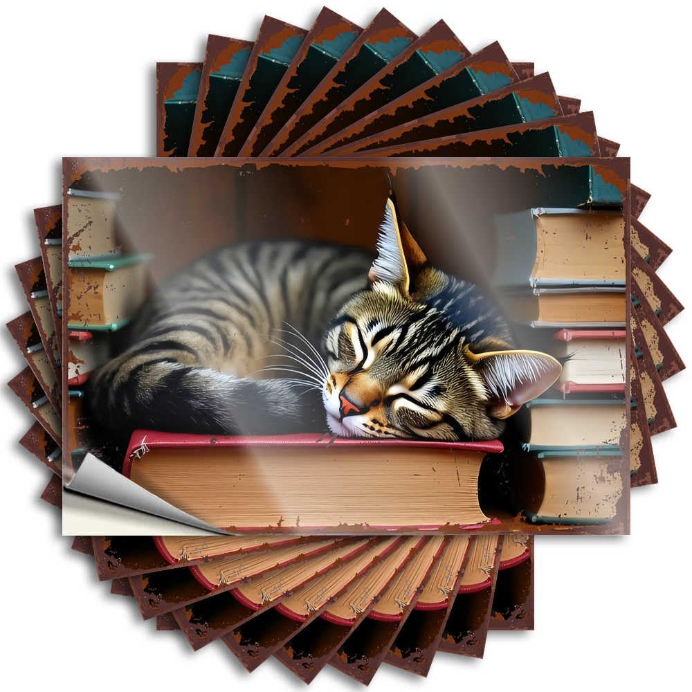 Saying Sweet Peel and Stick - Sleepy Cat Nestled Amongst Vintage Books Case Plush Waterproof Vinyl for Winter(12X18CM)
