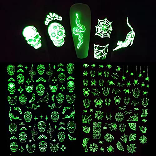 Day Of The Dead Nail Stickers Halloween Nail Art Decals Skull Black Cat Ghost Stickers For Halloween Party Decorations 3D Self Adhesive Nail Sticker Glow In The Dark Supplies #TOP3