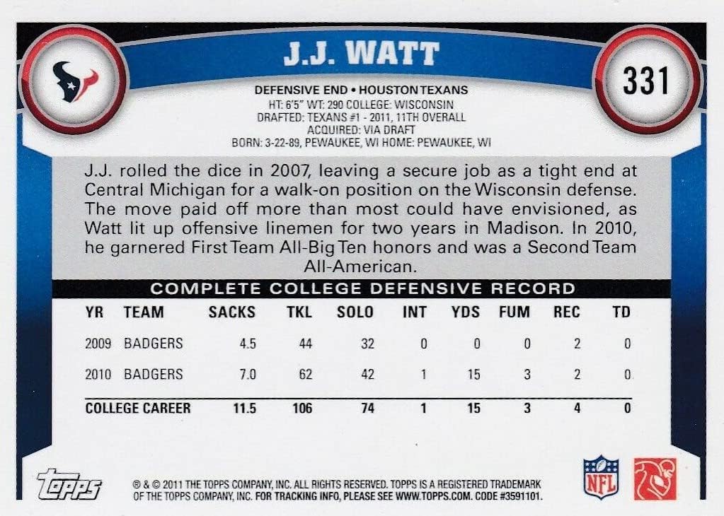 J.J. Watt 2011 Topps Football Mint Rookie Card 331 M (Mint)