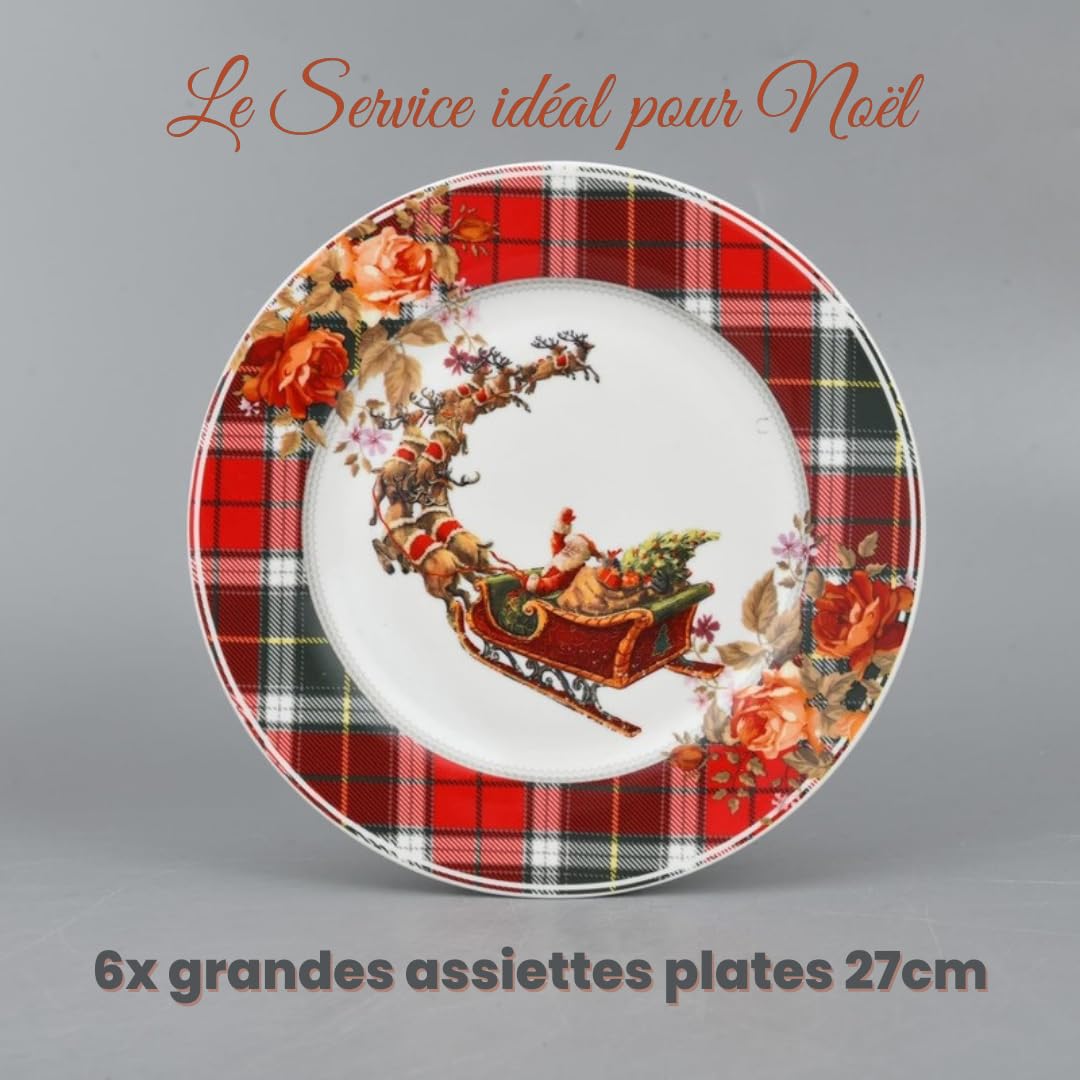 Service de table de Noël complet en porcelaine pour 6 personnes - 26 pièces : 6 grandes assiettes, 6 trous, 6 bols, 1 assiette de viande, 1 saladier