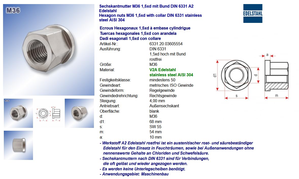 Tuerca hexagonal M36 1,5xd DIN 6331 de acero inoxidable A4 (1, M36).