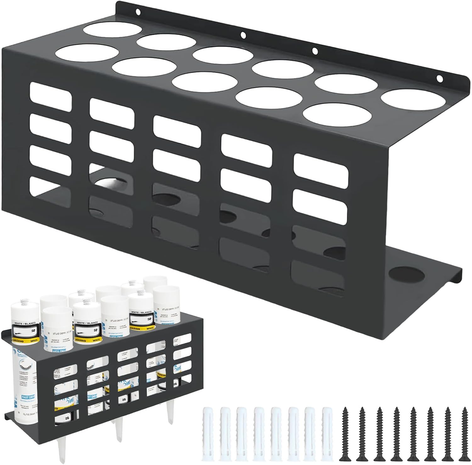 Wall Mount Storage Tubes Organizer, Metal Caulk Tube Tray, Grease Silicone Caulking Tube Holder, Sealant Storage Rack, Work Van Organizer For Workshop Garage Holds 11 Tubes (Black)