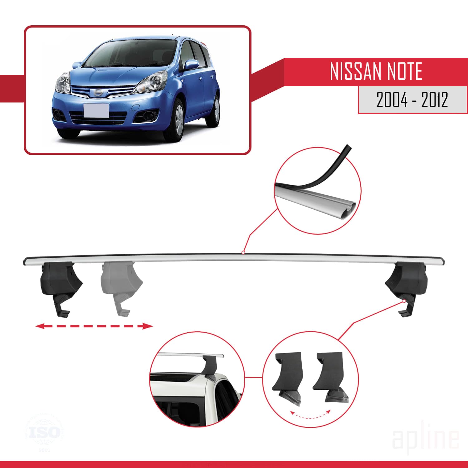 Barres De Toit Pour Nissan Note 2 (E12) 2013-2019 - Modèle ACE-4, Aluminium Gris, Charge Max 75 Kg - 7