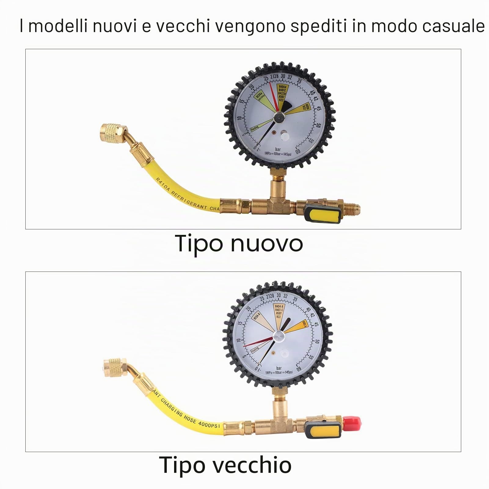 Manometro per Refrigerazione e Aria Condizionata con Valvola Sferica, Test Pressione Azoto, Compatibile R134a R22 R407C R410A, 1/4 Pollice, -1~60 Bar, 80mm