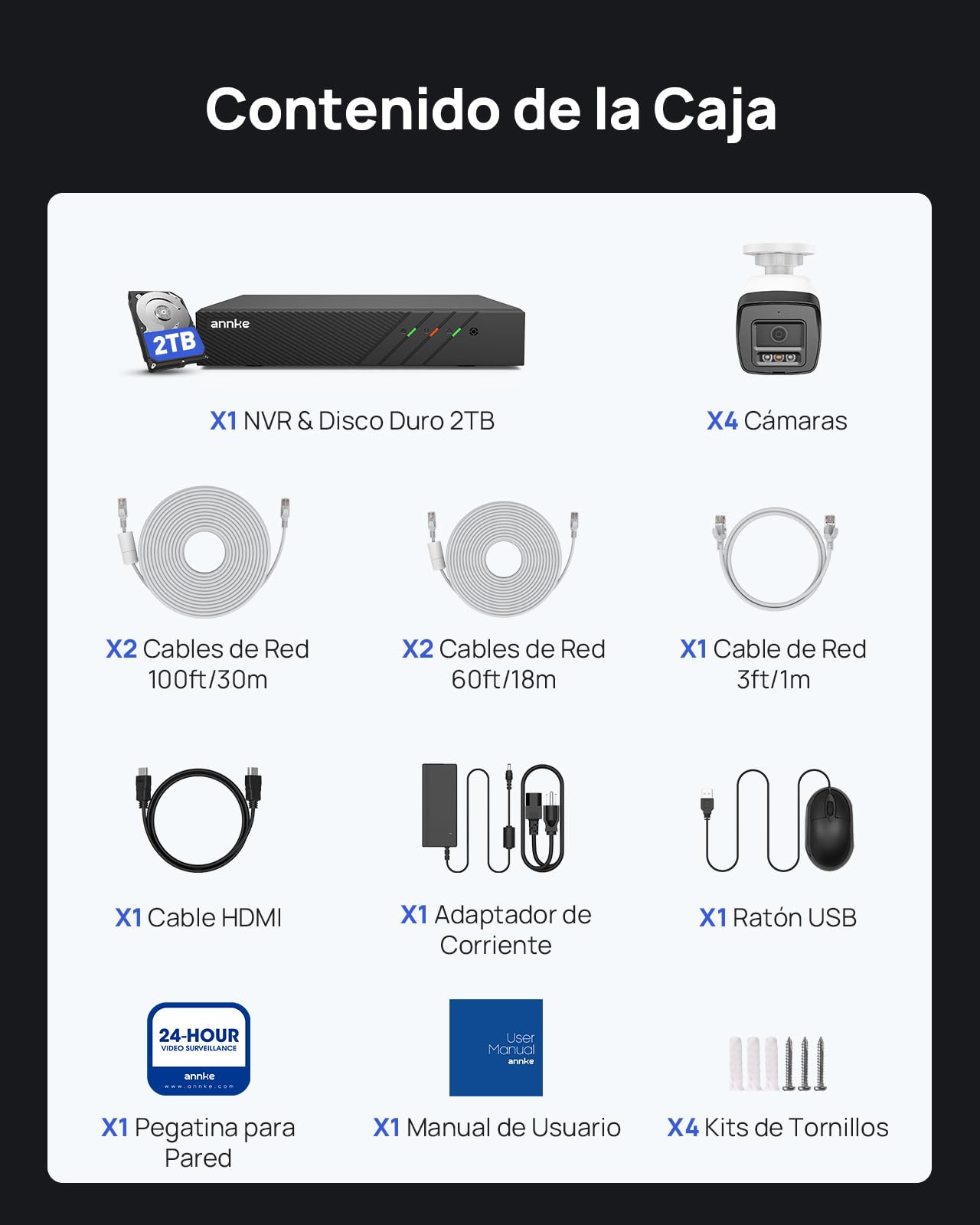 ANNKE Sistema de Cámaras de Seguridad PoE 3K, NVR 8CH 4K con HDD 2TB, 4 Cámaras IP Domo, Visión Nocturna en Color, Detección de Personas y Vehículos, Audio Bidireccional, IP67