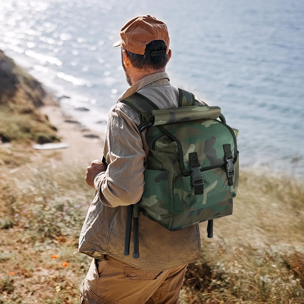 Sitzrucksack klappbar Campingstuhl Hocker mit Tasche Camouflage Portable Campinghocker tragbar Rucksack Stuhl Ultraleicht Angelrucksack Klappstuhl Strandstuhl Angelstuhl Klapphocker 34 x 29 x 29 cm