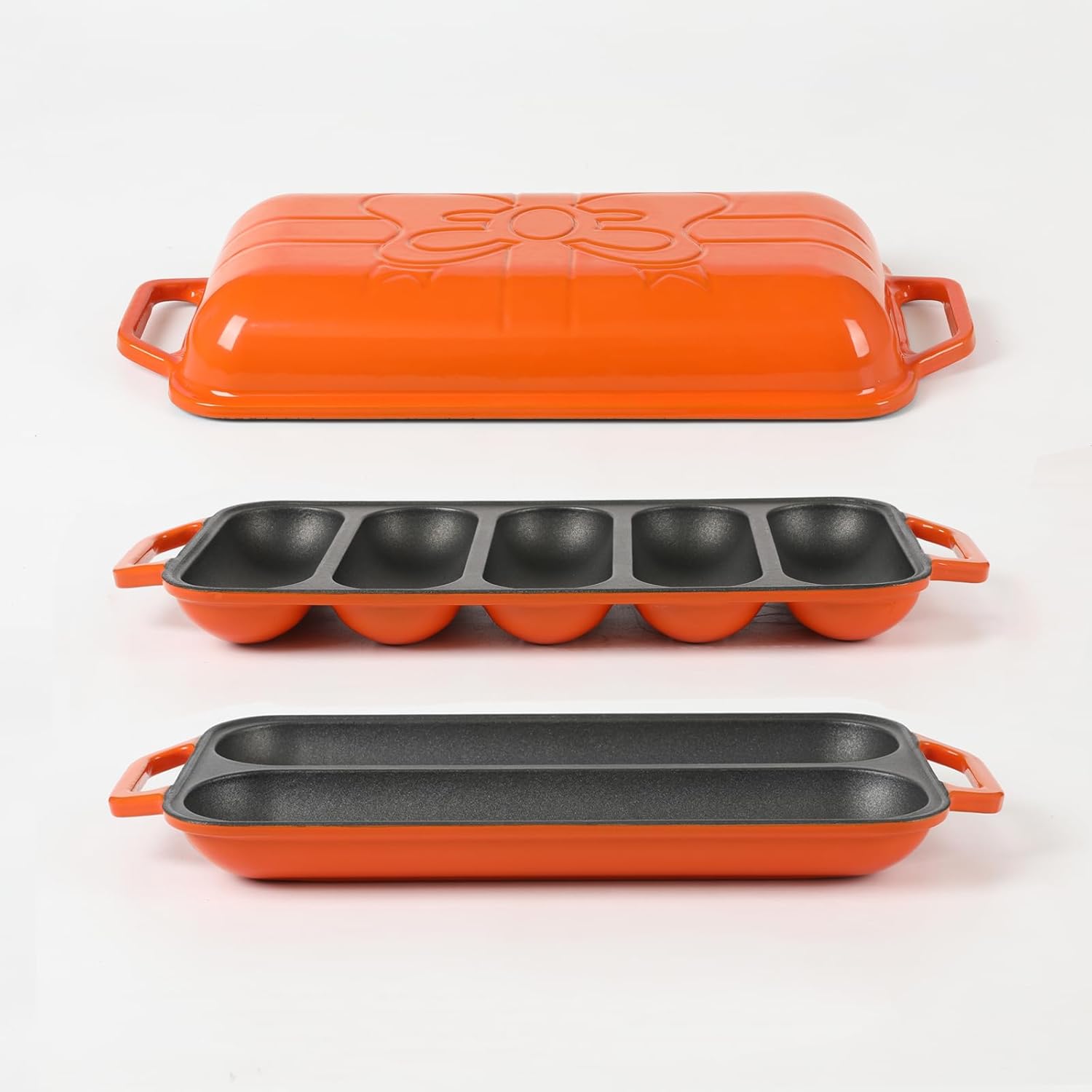 HAWOK Enameled Cast lron Baguette Bread Baker, 3-in-1 Baking Set with Full Baguette Tray, 5-Slot Mini Roll Tray & Reversible Lid Pan, 15 x 6.7 inch, Orange