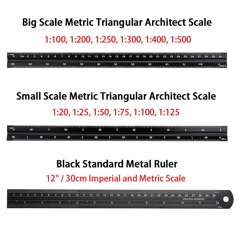 OwnMy 30CM Solid Aluminum Metric Triangular Architect Scale Ruler Set