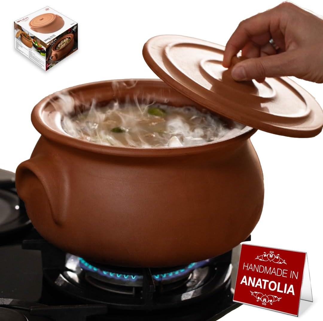 Hakan Suphan Handmade 4.7-Quart Midi Clay Cooking Pot with Lid, Natural Unglazed Cookware, Terracotta Cazuela, Casserole Dish, Rice Cooking, Stewpot, Korean, Indian, Mexican Dish 4.5 L