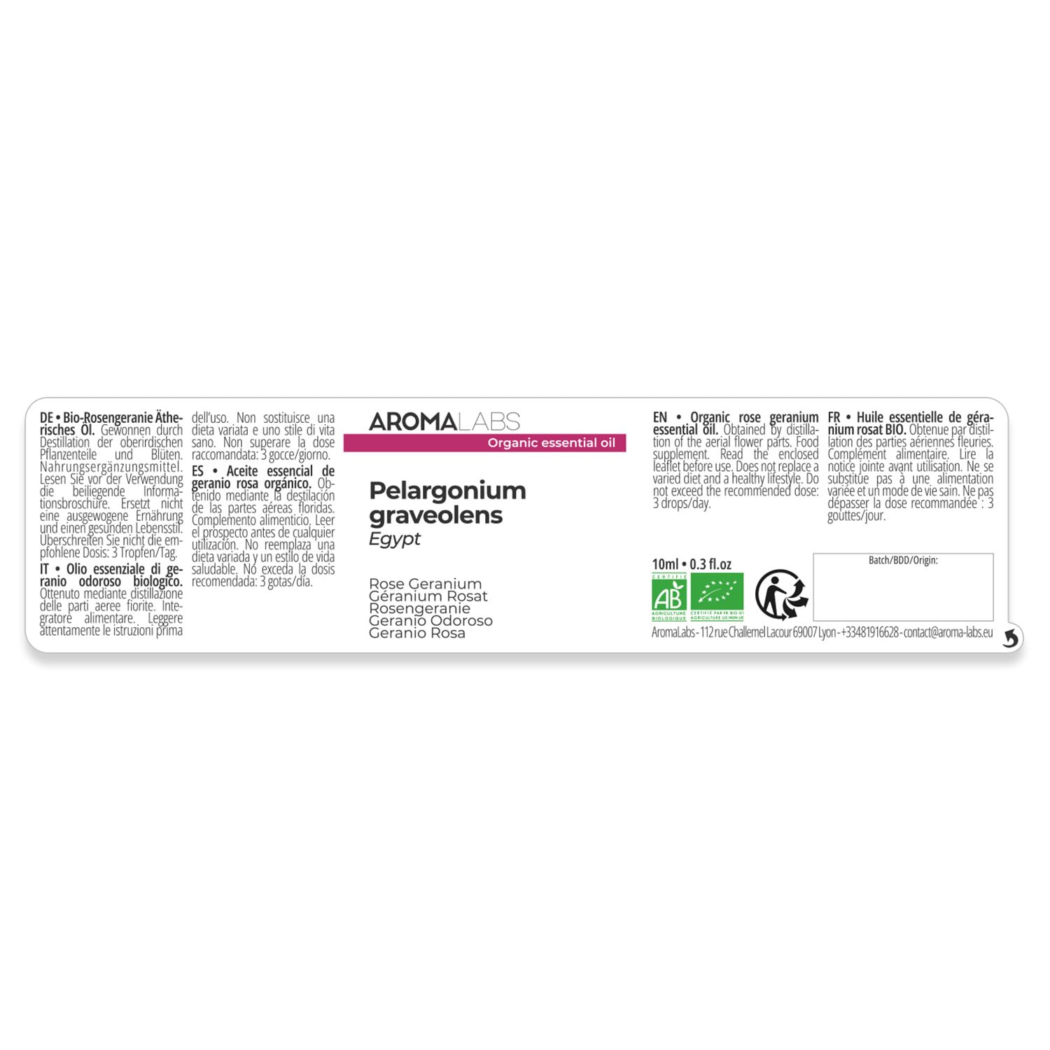 Geranio Rosato BIO (Pelargonium graveolens - Egitto) - 5 mL - Olio Essenziale Chemiotipizzato e Certificato AB - Aroma Labs - Made in France