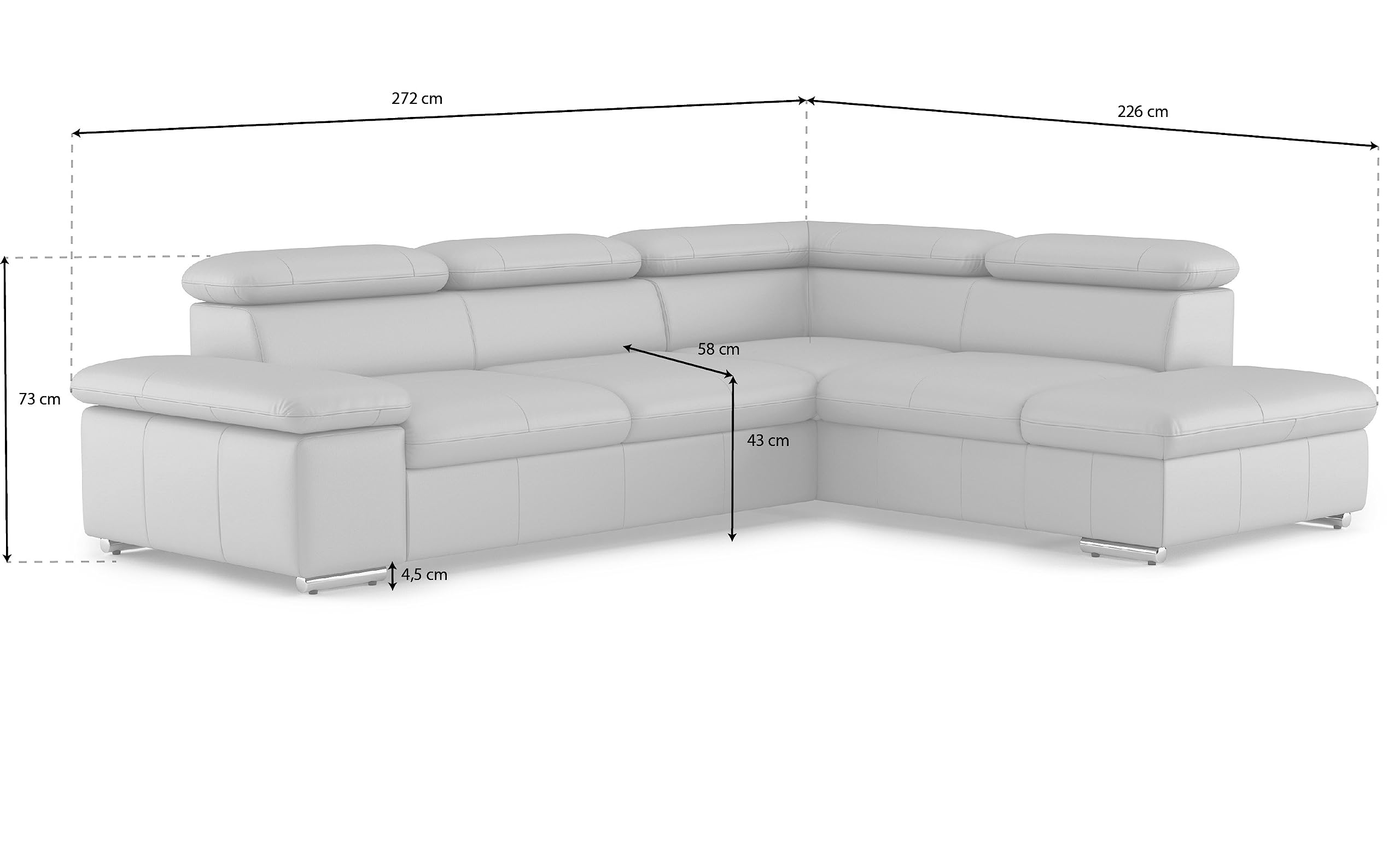 CAVADORE Leder-Ecksofa Valerie mit Ottomane / Eckcouch mit Kopfteilverstellung + Metallfüßen / 272 x 73 x 226 / Echtleder Schwarz