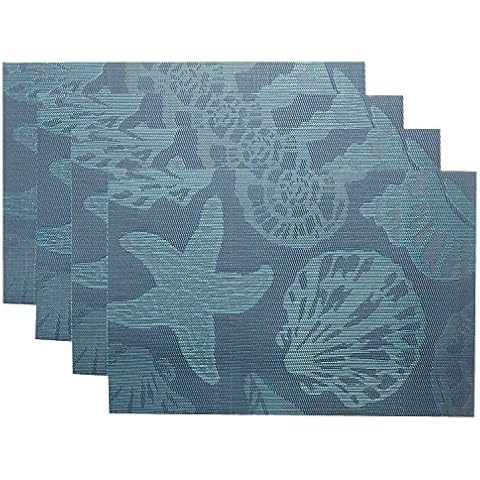 Doupoo Sea Place Mats Beach Theme,Heat Resistant Coastal Placemats for Dining Table Mats Set of 4 - Nautical Blue Reversible Placemats Starfish Seashell Conch Outdoor Cover