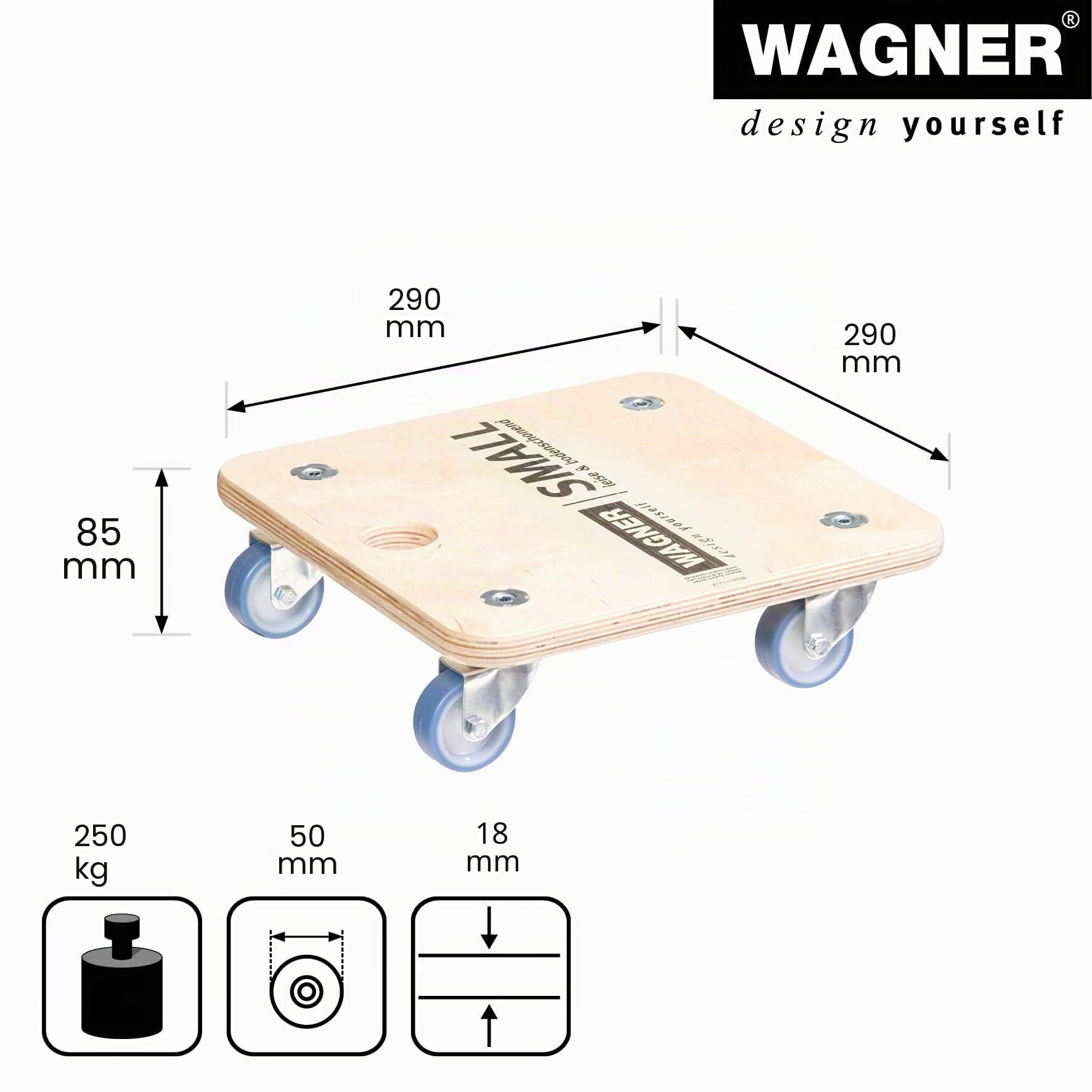 Wagner Plataforma de Carga MM 1353-29 x 29 cm - para Electrodomésticos y Muebles, 250 kg de Capacidad de Carga, Orificio de Agarre, Muy Móvil, Certificado FSC® - 20135301