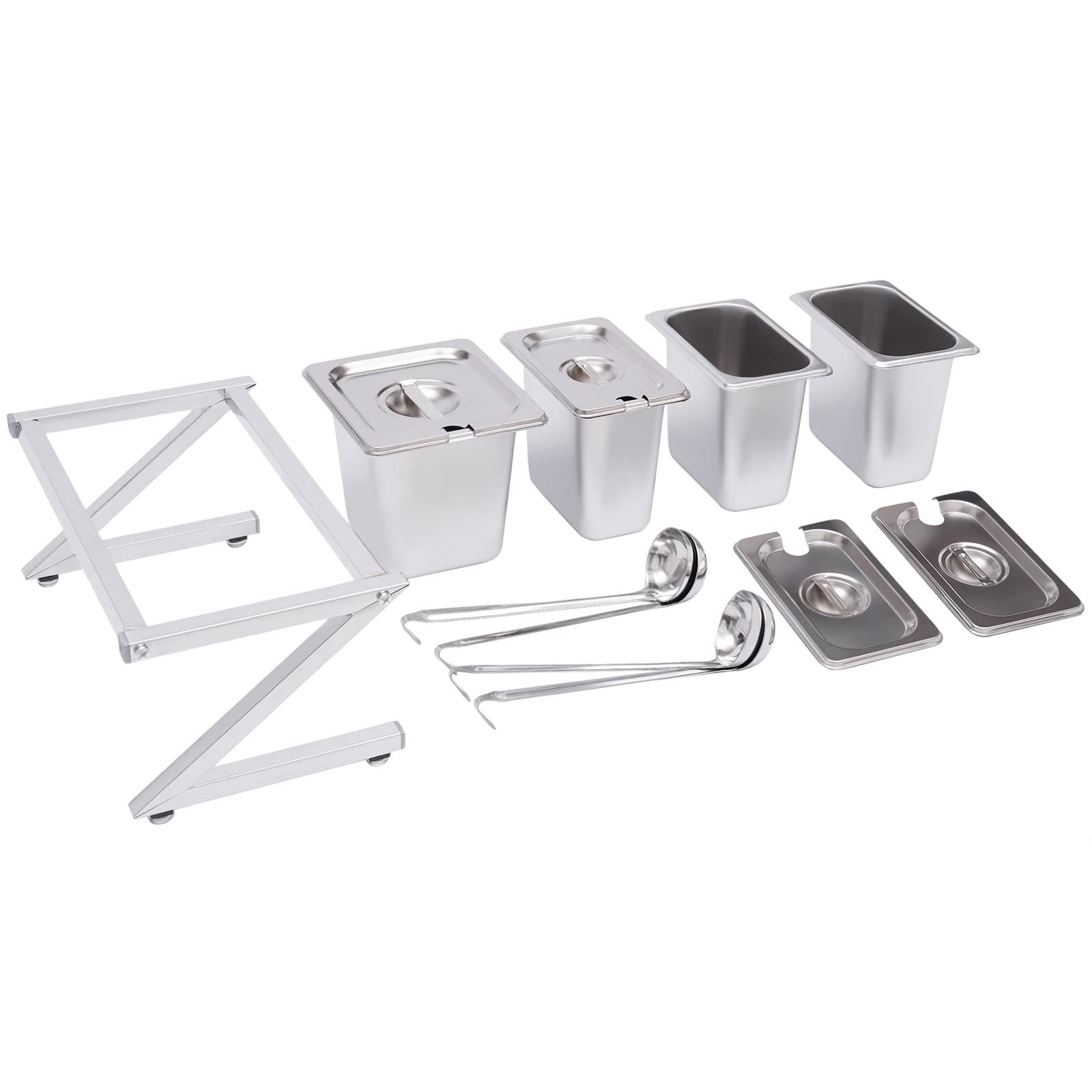 Especiero extensible ajustable – Estante de acero inoxidable de 14.1 a 23.6 pulgadas con sartenes de 3 x 1/9 y 1 x 1/6 y 4 cucharones – Soporte ideal para encimera para salsas, ingredientes y frutas