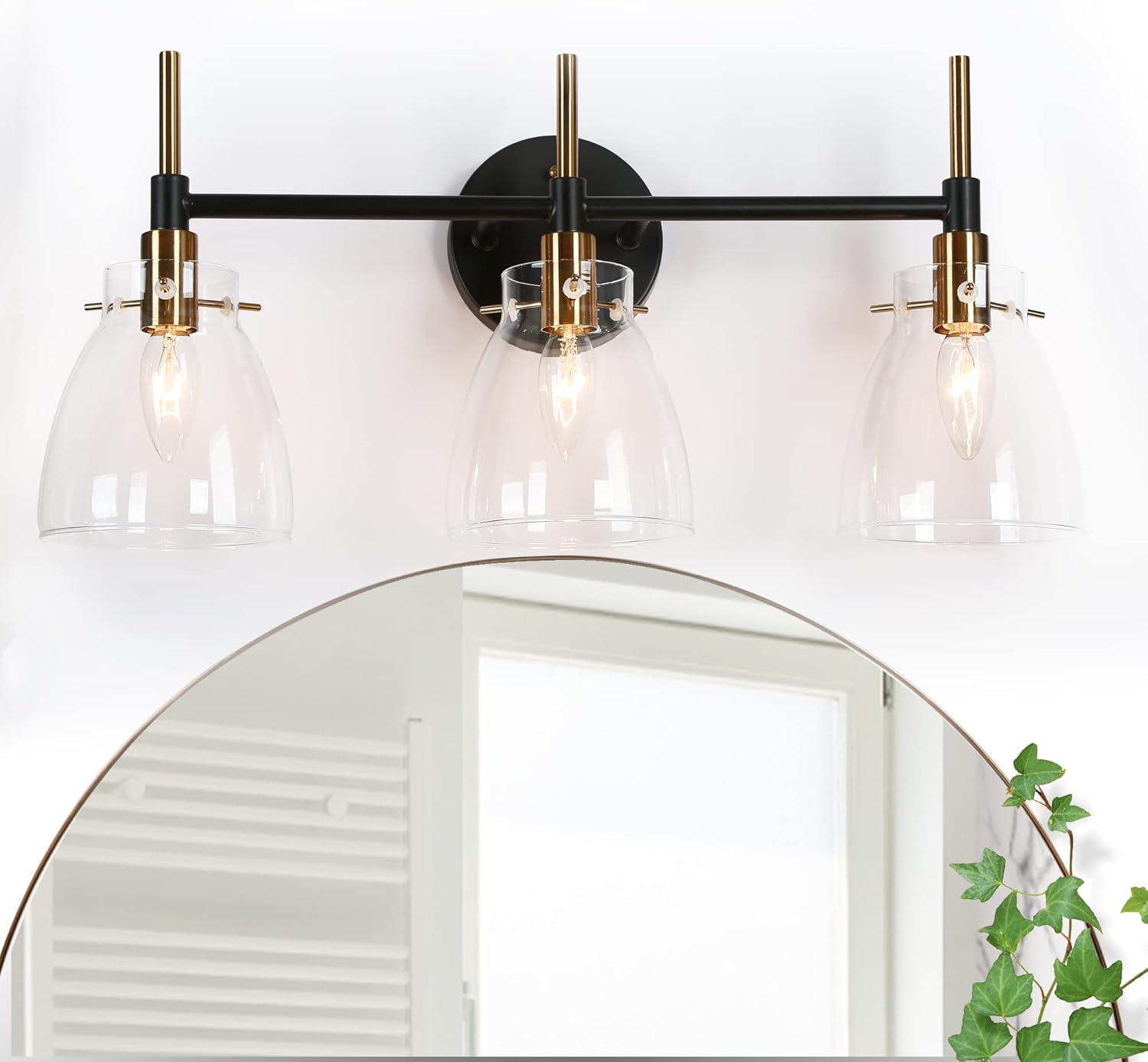 Durent Lighting Black & Brass Bathroom Light Fixtures with Clear Glass Shade, Modern 3 Light Vanity Lights Over Mirror, 21.5" x 6.5" x 10.5"